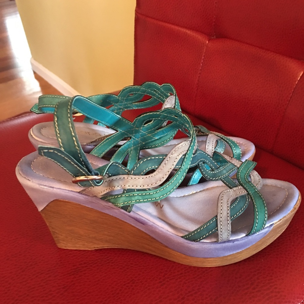 Italian Leather Turquoise/Blue Wedge Sandals 38W